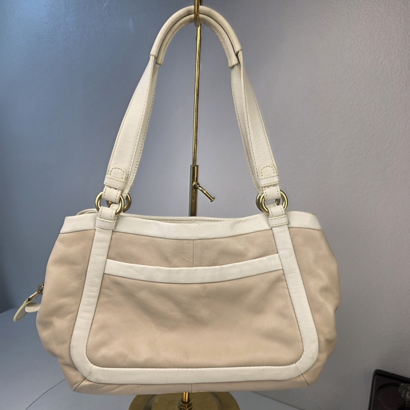 Coach Cricket Leather Tote Shoulder Bag Satchel Purse Medium White Tan Beige - Picture 2 of 16